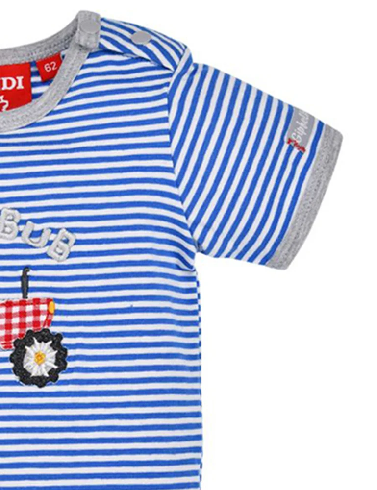 BONDI Baby Kurzarm Body "Traktor" 91527 | Blau Weiß Gestreift