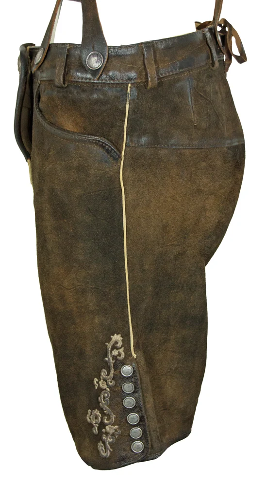 Maddox Kurze Damen Lederhose Gretel mit Hosenträgern - Dunkelbraun Antik Nuss Beige