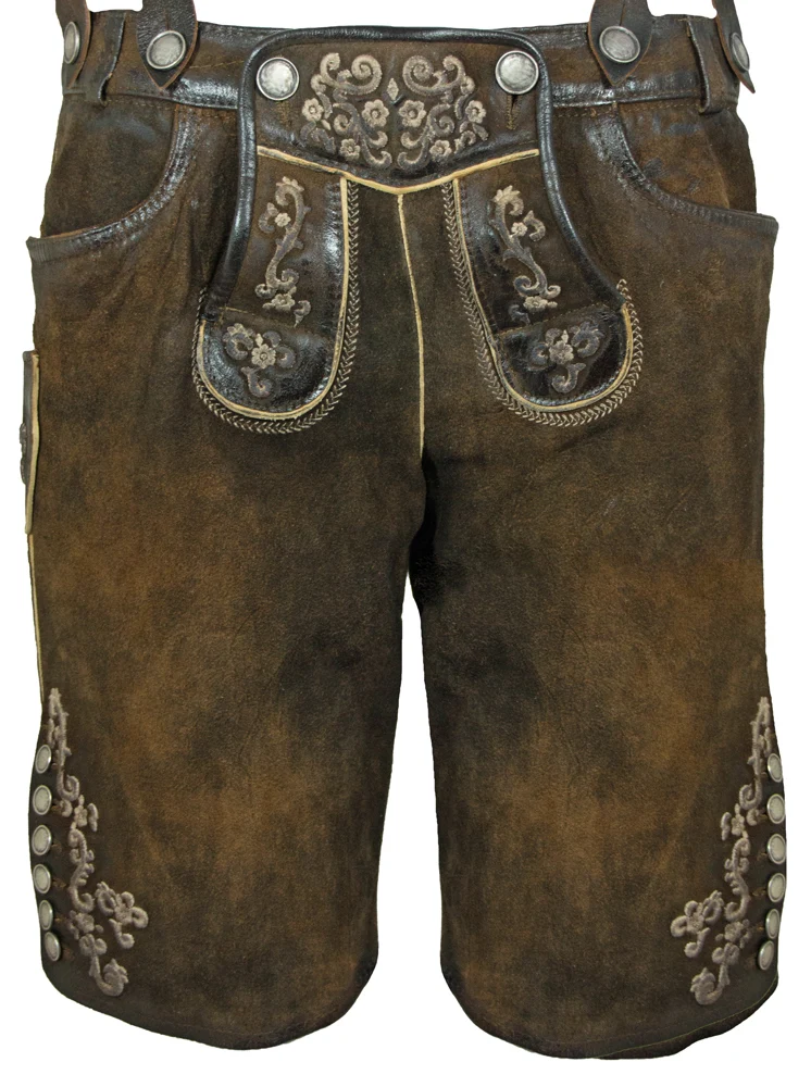 Maddox Kurze Damen Lederhose Gretel mit Hosenträgern - Dunkelbraun Antik Nuss Beige