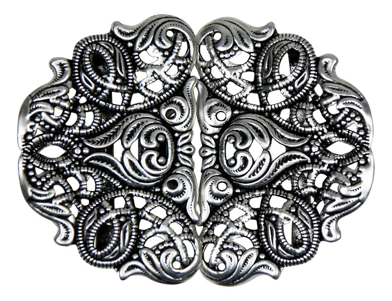 Dirndlschürzenschließe "Bennett" mit Ornamenten Halbrund 51466 Asi - Steg 3 cm - Altsilber