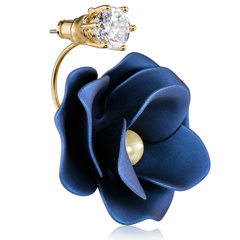 LUISIA Front Back Ohrringe Jarla mit Blumen - 16 Karat vergoldet Dunkelblau