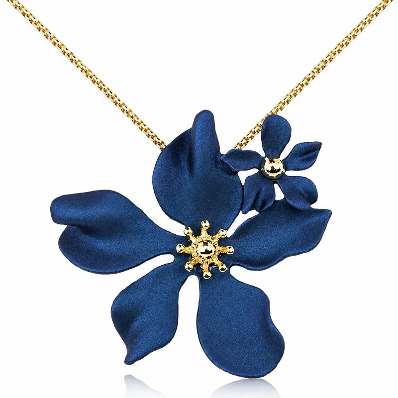 LUISIA® Halskette "Nelia" mit Blumen - 16 Karat vergoldet | Dunkelblau