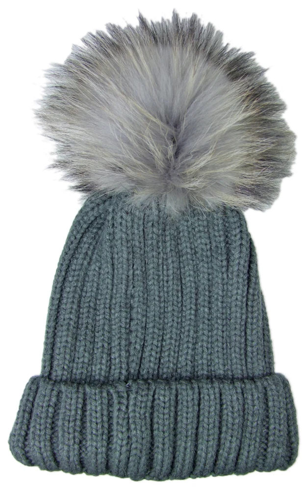 Damen Beanie Strickmütze mit Fellbommel - Dunkelgrau