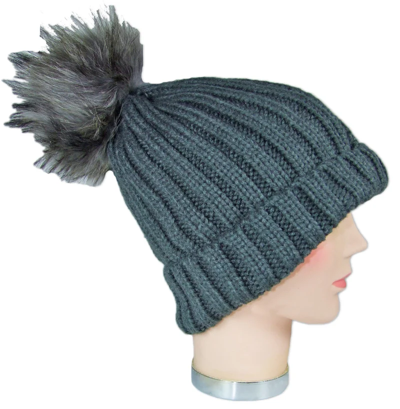 Damen Beanie Strickmütze mit Fellbommel - Dunkelgrau