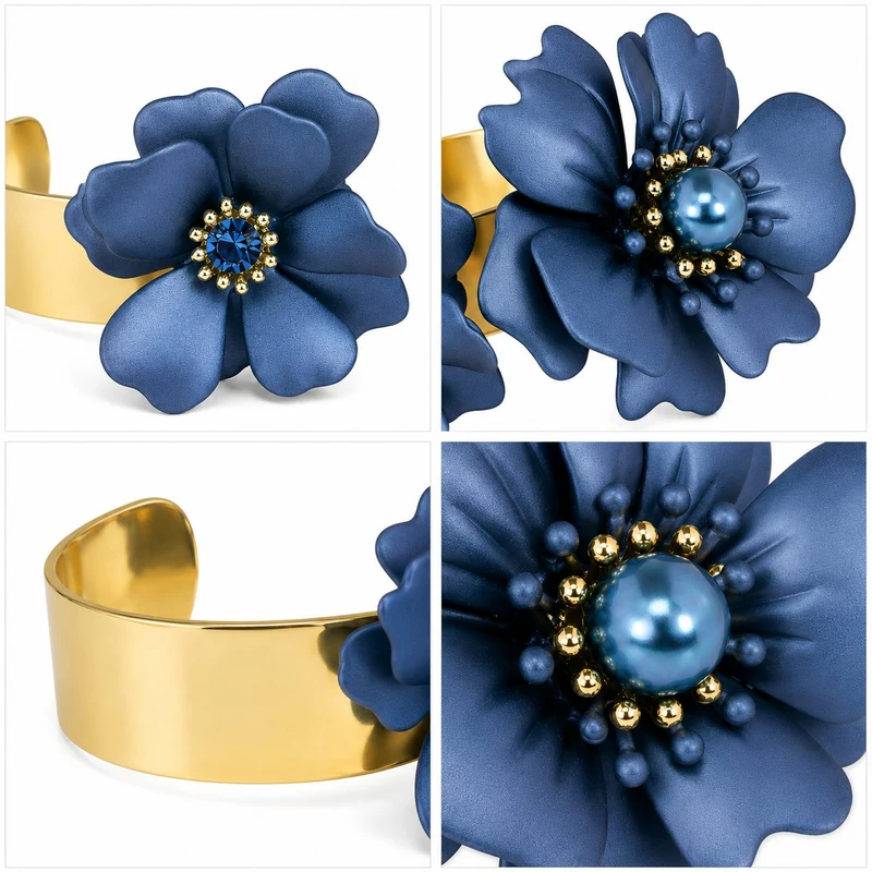 LUISIA® Armreif Armspange "Nelia" mit Blumen - 16 Karat vergoldet | Dunkelblau