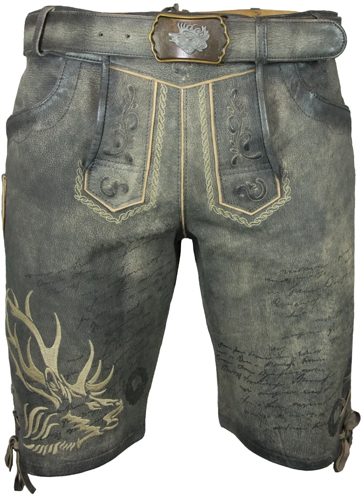 MADDOX Kurze Herren Lederhose "Wotan" mit Gürtel | Raspato Stein Grau