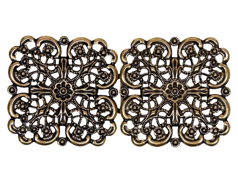 Dirndlschürzenschließe "Bonnie" mit Blumen Ornamenten Eckig 51450 Ago - Steg 3 cm - Altgold